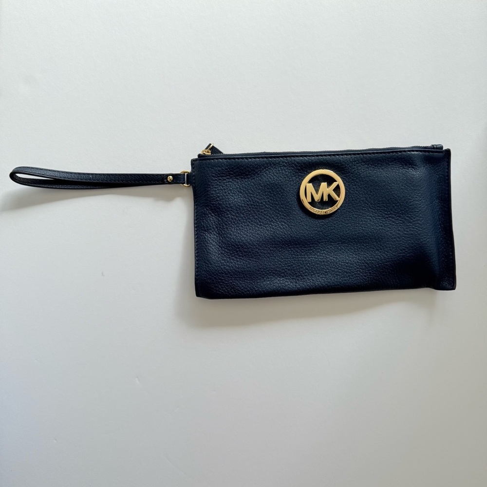 MICHAEL KORS WRISTLET Purse Bag Navy Blue Pebbled Leather Logo oversized large